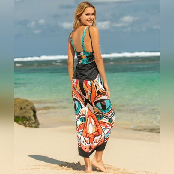 Colorful Art Cat Swim Cover Up Convertible Spaghetti Strap Swimwear Dress Sarong - Picture 3 of 11